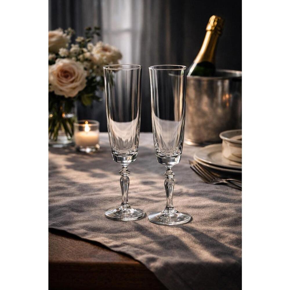 Bohemian Crystal 1950s Tall Flared Champagne Flutes Set of 2, 2x8.25”